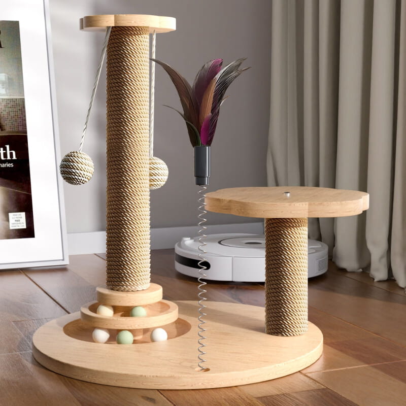 Premium Wooden Cat Scratcher with Natural Sisal Column & Rotating Platform