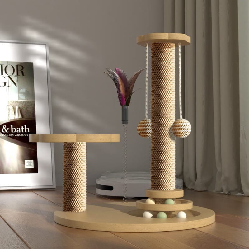Premium Wooden Cat Scratcher with Natural Sisal Column & Rotating Platform - Image 3