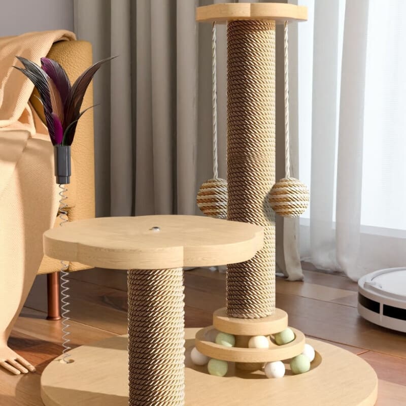 Premium Wooden Cat Scratcher with Natural Sisal Column & Rotating Platform - Image 4