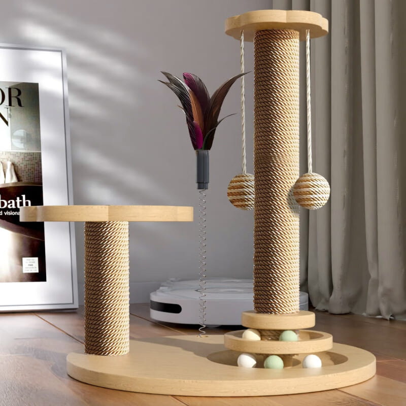 Premium Wooden Cat Scratcher with Natural Sisal Column & Rotating Platform - Image 5