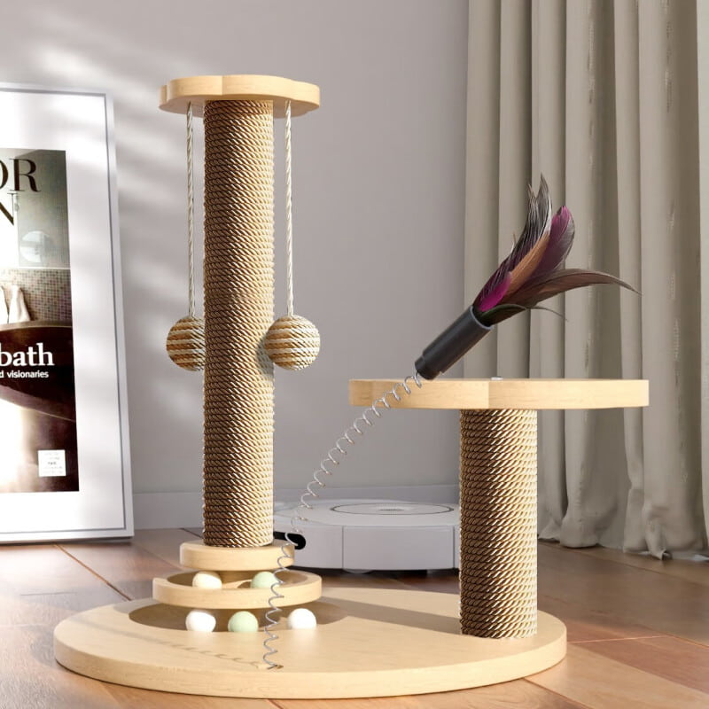 Premium Wooden Cat Scratcher with Natural Sisal Column & Rotating Platform - Image 7