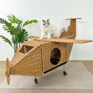Handwoven Airplane Pet Bed for Cats & Dogs, Rattan Cat House