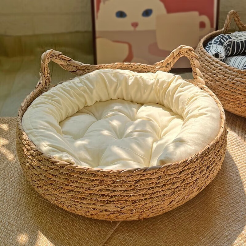 Cattail cat bed dog bed straw woven rattan woven with cushion pet dog bed - Image 2
