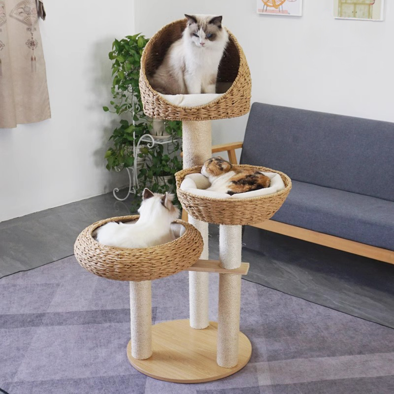 Solid wood column rattan cat climbing frame cat tree cat bed cat jumping platform sisal cat villa - Image 3