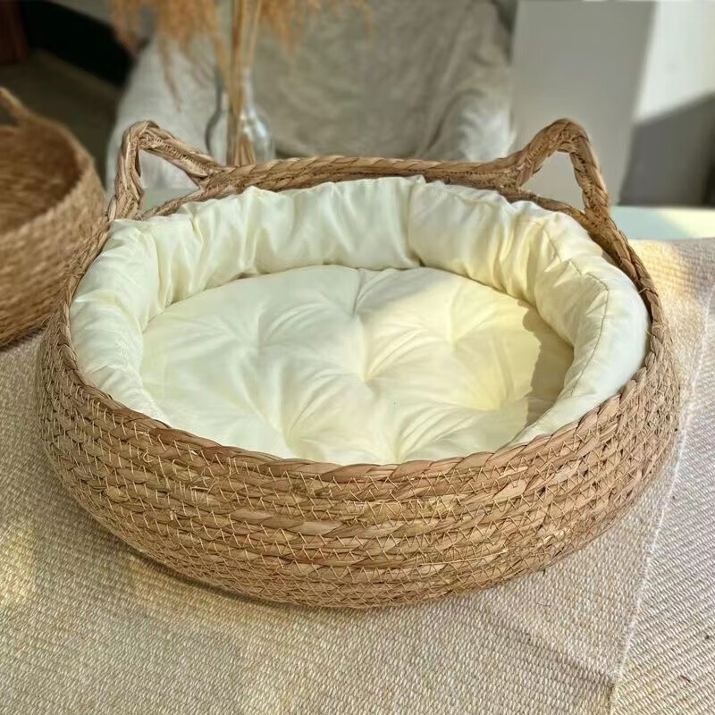 Cattail cat bed dog bed straw woven rattan woven with cushion pet dog bed - Image 7