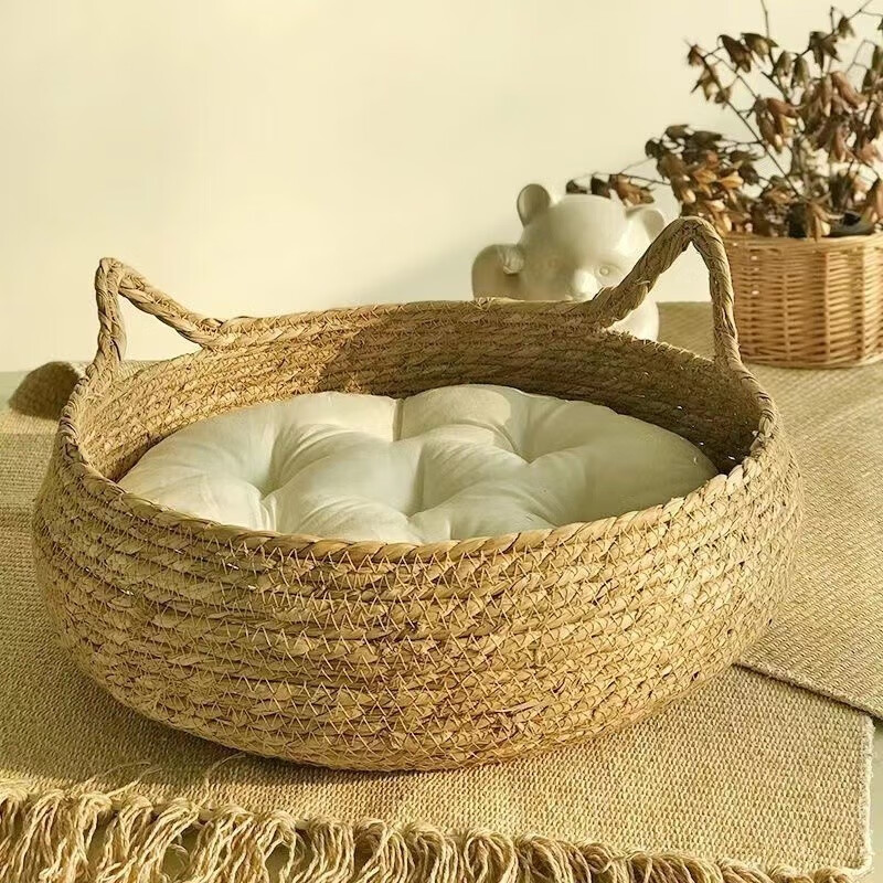Cattail cat bed dog bed straw woven rattan woven with cushion pet dog bed - Image 8