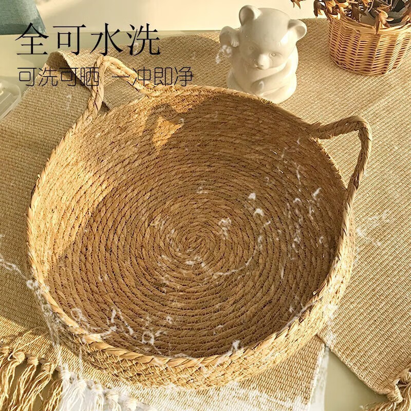 Cattail cat bed dog bed straw woven rattan woven with cushion pet dog bed - Image 9