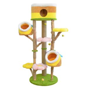 Factory cute flower shape plush custom rainbow custom size log cat climbing frame cat tree tower