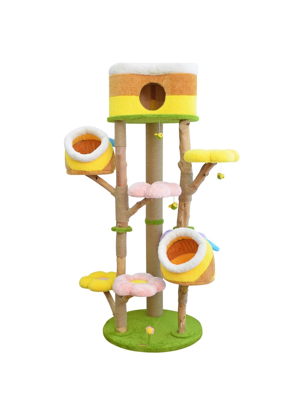 Factory cute flower shape plush custom rainbow custom size log cat climbing frame cat tree tower